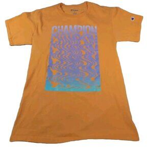CHAMPION T Shirt Men's Small Purple Logo Graphic Yellow Short Sleeve Crew Neck